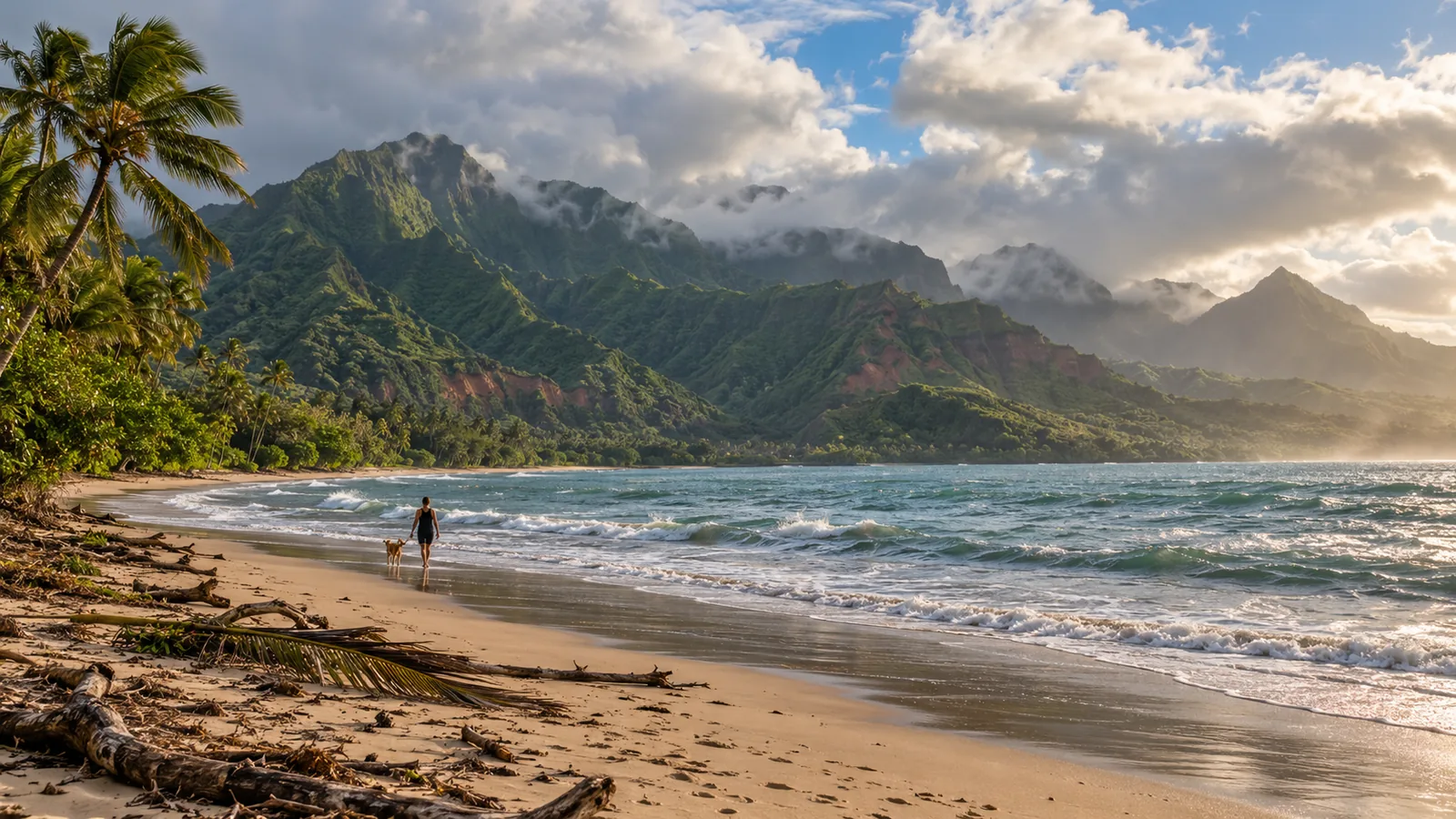 Hanalei Bay under clearing skies with fallen palm fronds on the sand after a storm on Kauai