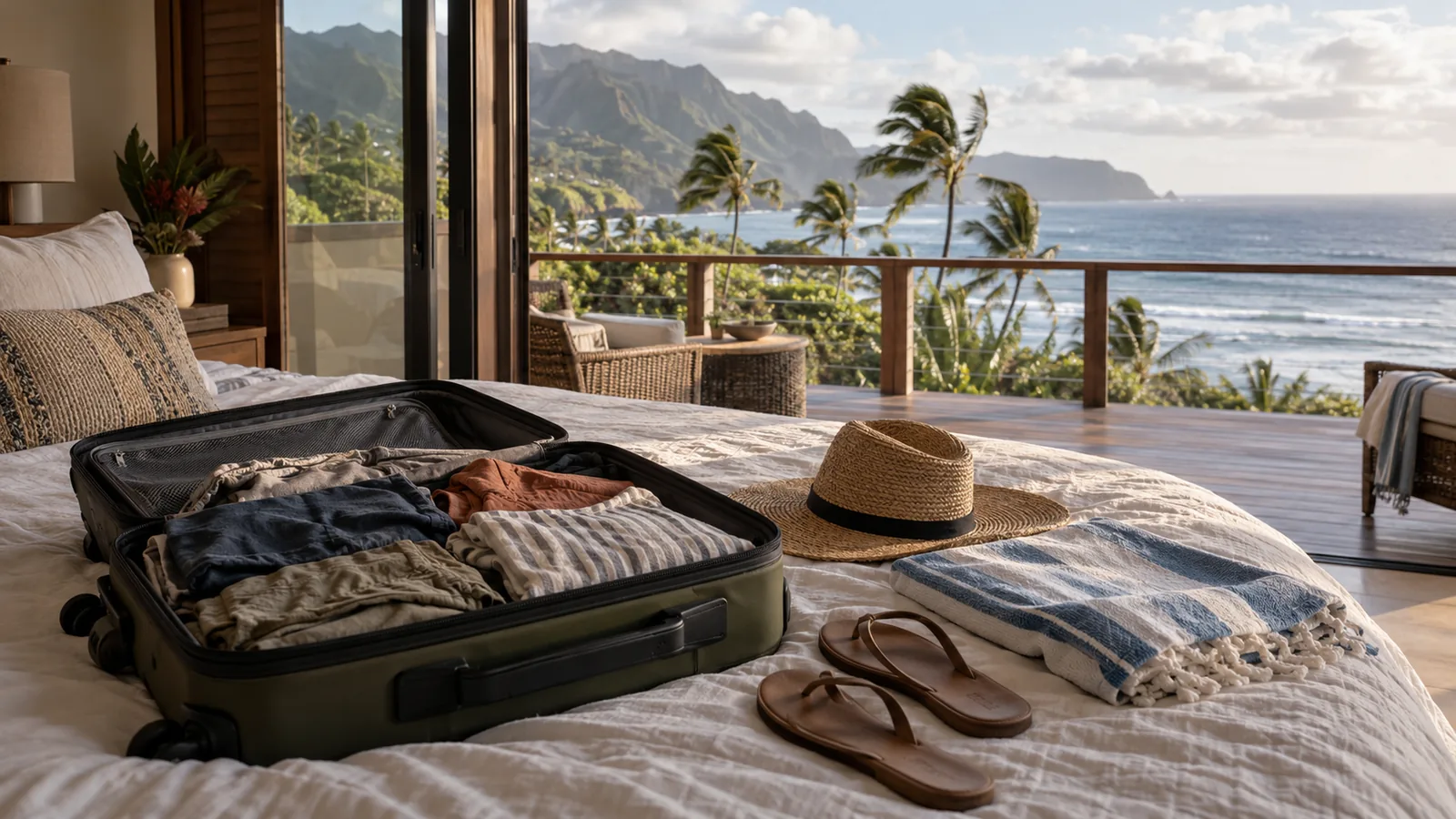 Open suitcase with a straw hat and beach towel in a Kauai resort room with the ocean beyond the lanai