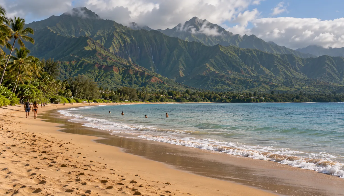 Crescent beach with green waterfall-streaked mountains on Kauai's north shore