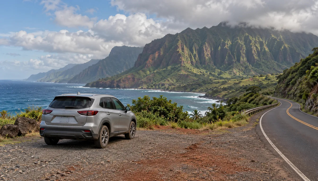 Rental car at a roadside pullout above the ocean on Kauai