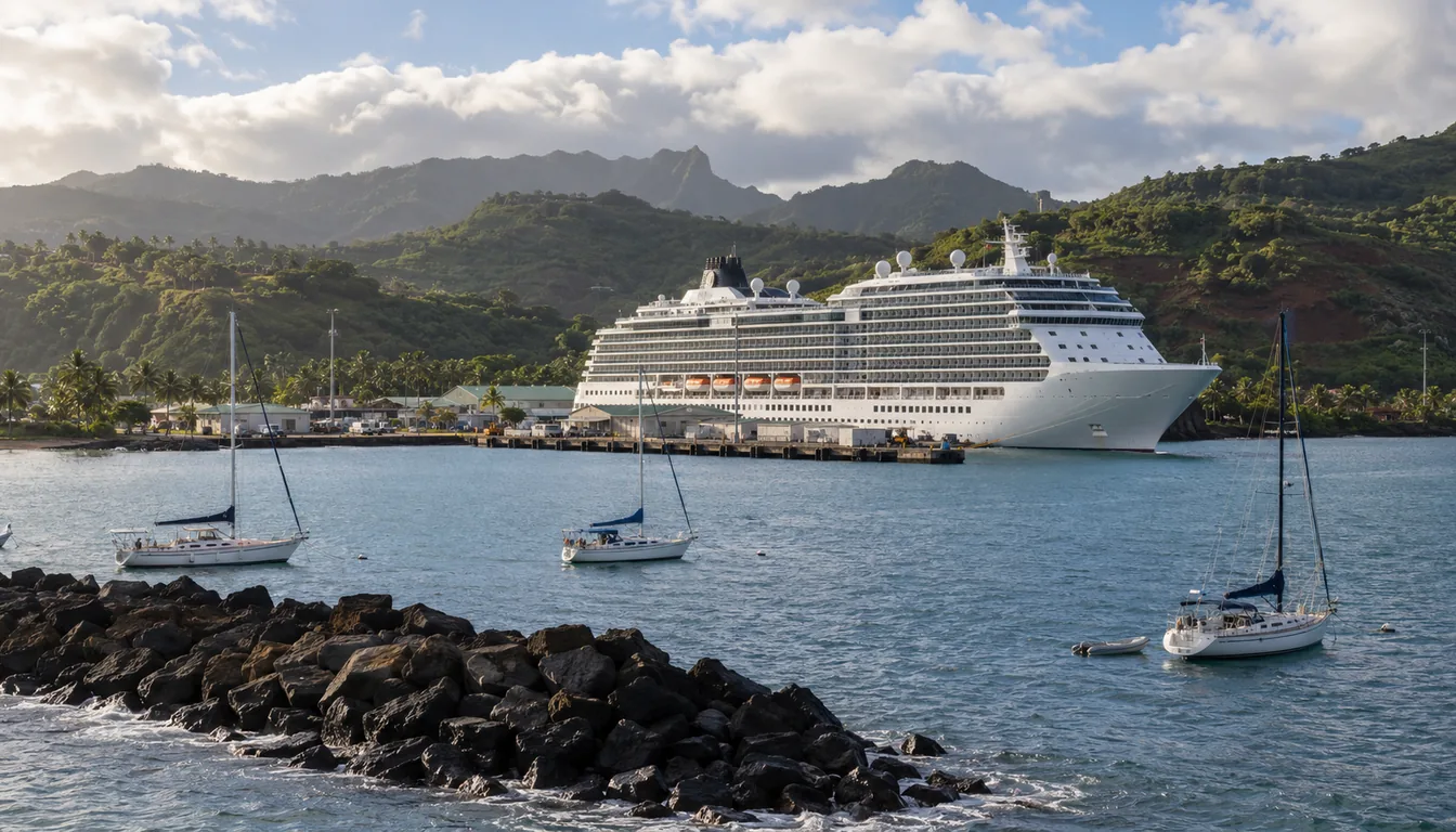 Cruise ship docked at Nawiliwili Harbor with green hills behind