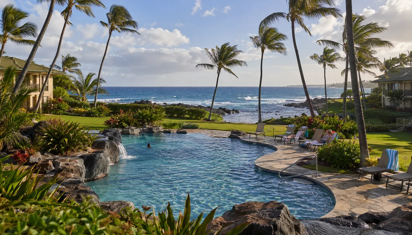 Resort pool and lawn above the ocean on Kauai's south shore
