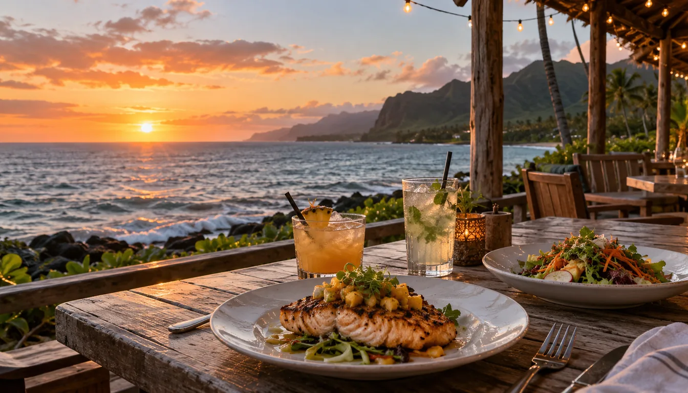 Oceanfront dinner table at sunset at a Kauai restaurant