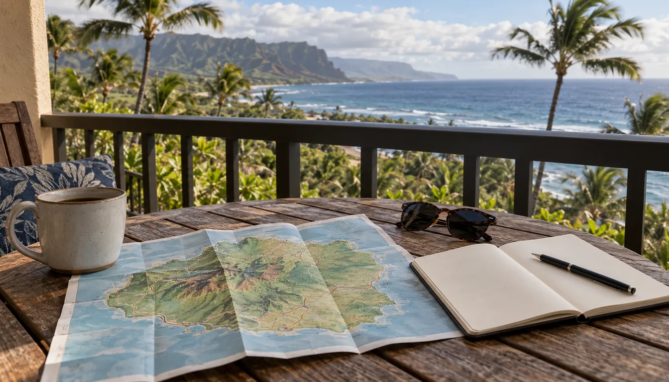 Trip planning with a map and notebook on a Kauai condo lanai