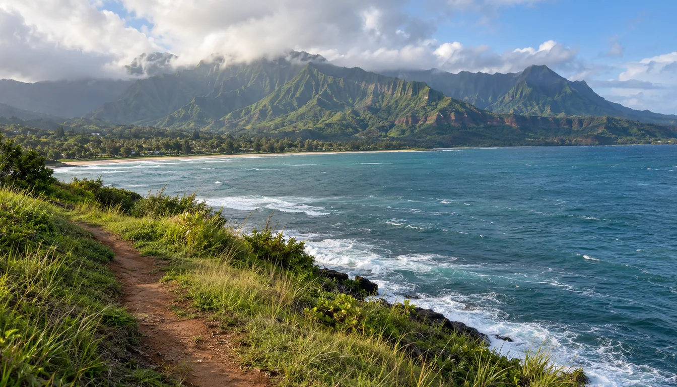 Bluff-top view from Princeville toward Kauai's north shore mountains