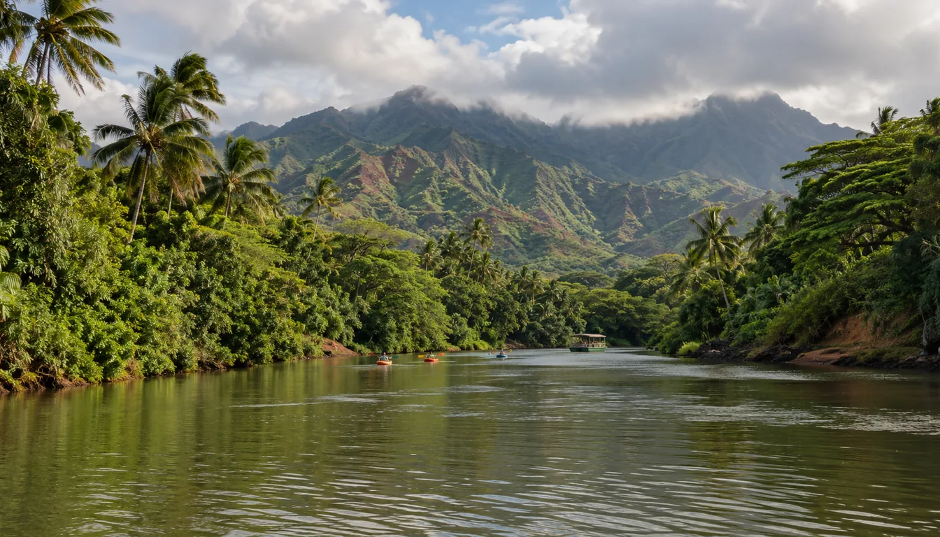 Wailua River winding through a green valley toward Kauai's mountains
