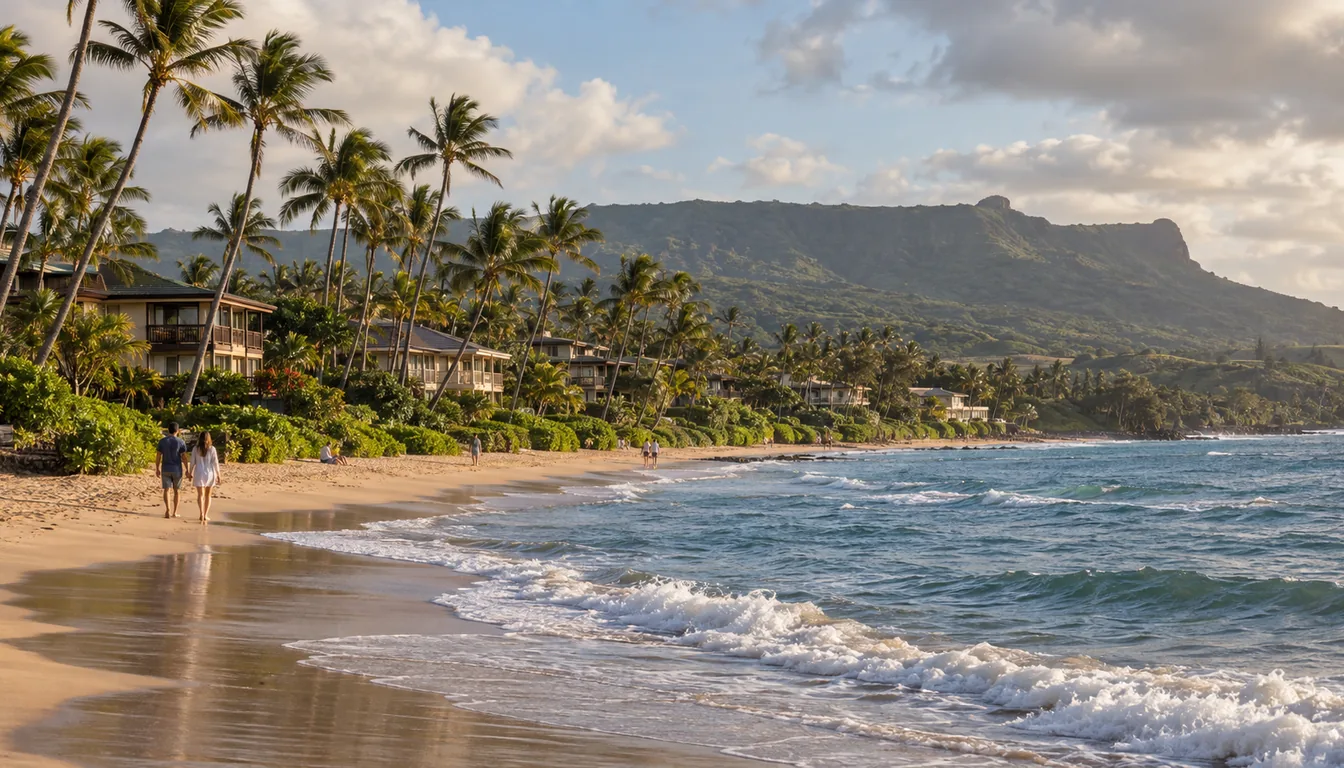 Low-rise hotels and coconut palms along Kauai's Coconut Coast